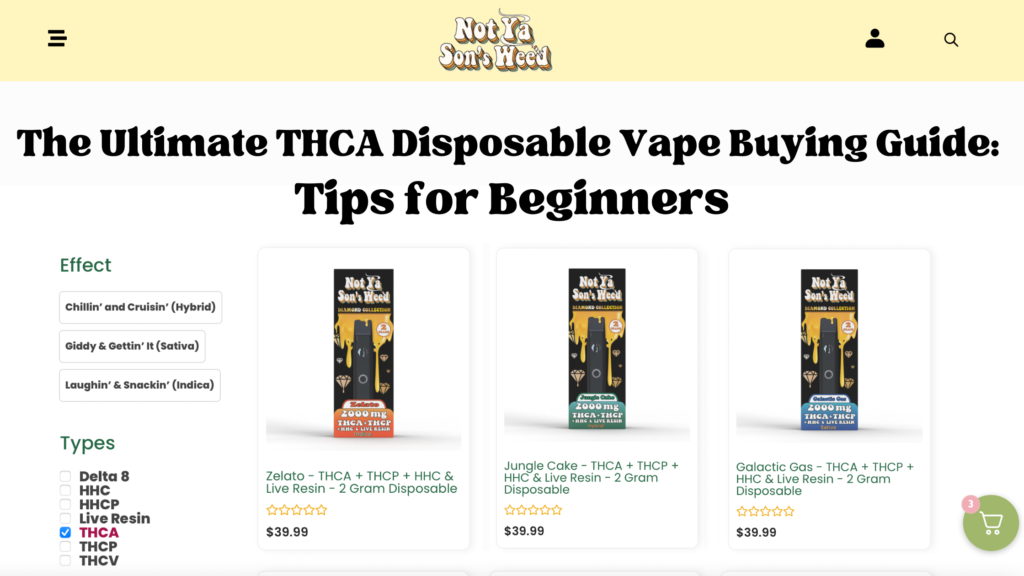 Not Ya Son's Weed Shop THCA Disposables Page with text: "The Ultimate THCA Disposable Vape Buying Guide: Tips for Beginners"